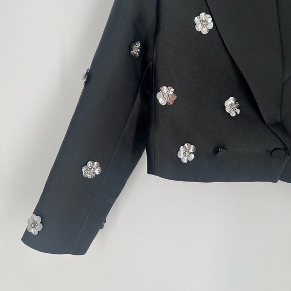Sandro Flower Floral 3D Embellished Cropped Double Breasted Blazer Satin Jacket - Picture 3 of 9